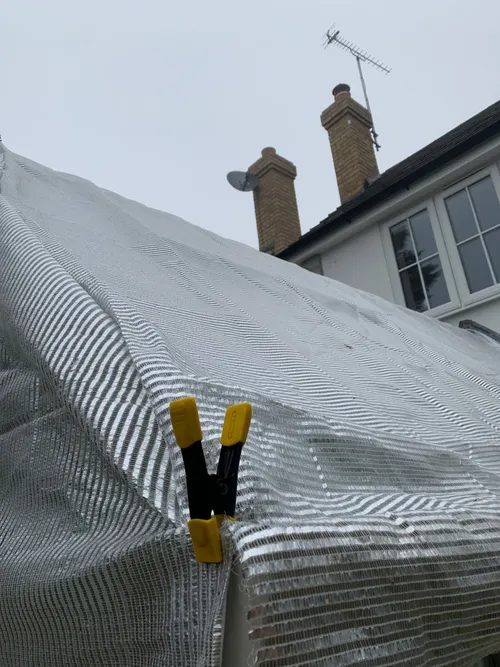 01. My aluminium shade netting attached using clamps, looking particularly unnecessary on this very overcast day. It ain't pretty, but it does the job