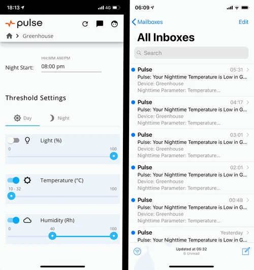 On the left is the Pulse One app - note the threshold settings and day:night configuration. On the right is my inbox after a cold night!