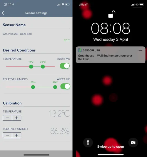 On the left is the SensorPush app - you set desired conditions and switch alerts on or off. Note the calibration options. On the right is a typical notification.