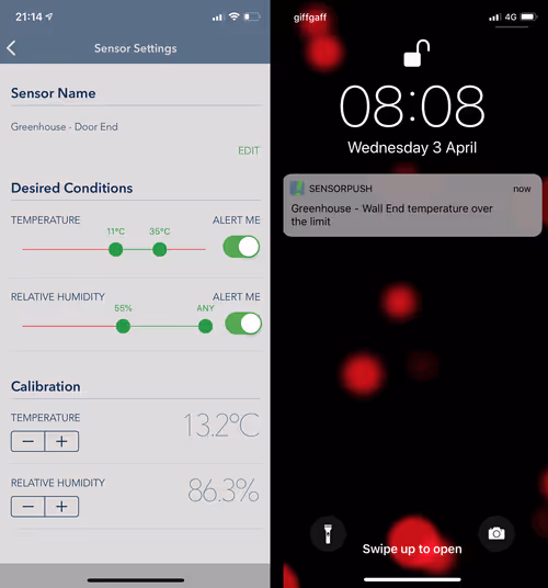 On the left is the SensorPush app - you set desired conditions and switch alerts on or off. Note the calibration options. On the right is a typical notification
