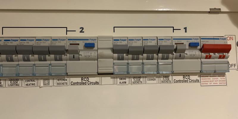 Consumer unit with split load RCDs.