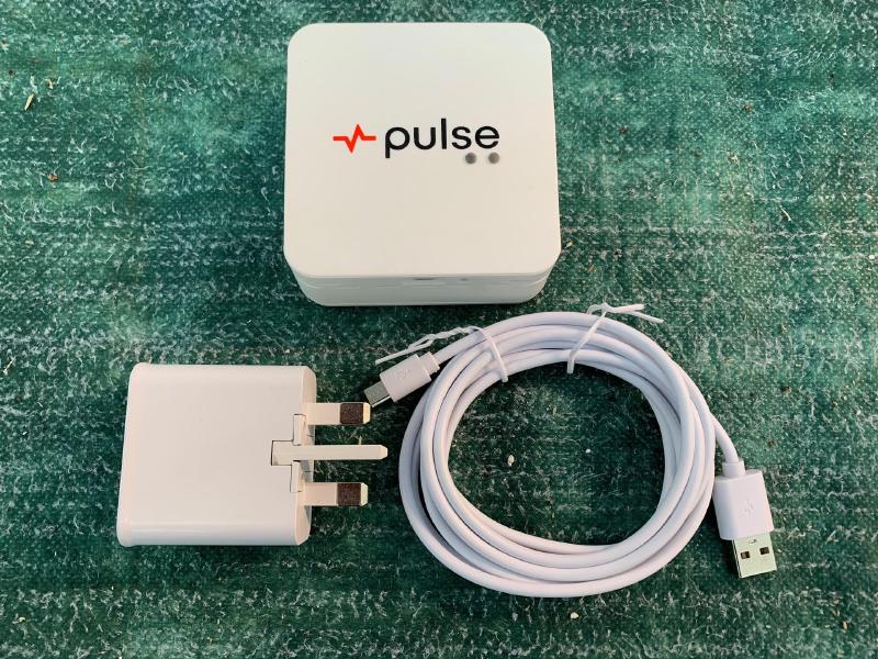 The Pulse One unit, along with USB cable and mains adaptor.