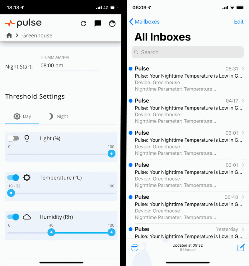 On the left is the Pulse One app - note the threshold settings and day/night configuration. On the right is my inbox after a cold night!
