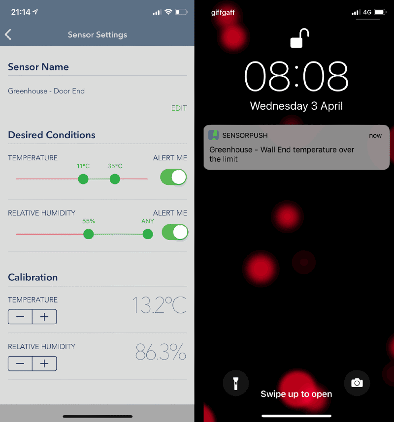 On the left is the SensorPush app - you set desired conditions and switch alerts on or off. Note the calibration options. On the right is a typical notification.