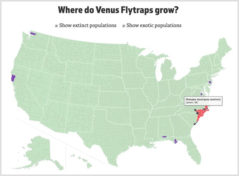 The Interactive Venus Flytrap Map showing the distribution of Dionaea muscipula.