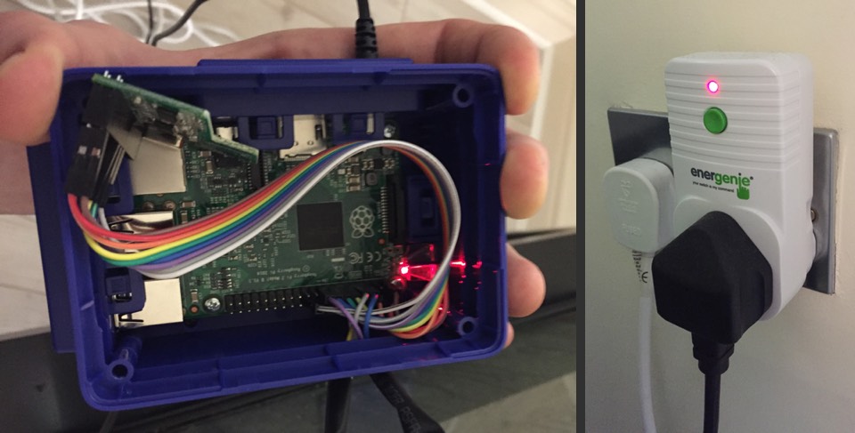 The AM2302 sensor and Energenie transmitter wired to the same Raspberry Pi GPIO.